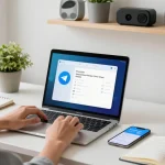 Enhance your Telegram Chinese experience in a modern home office setting with user interacting with the app.